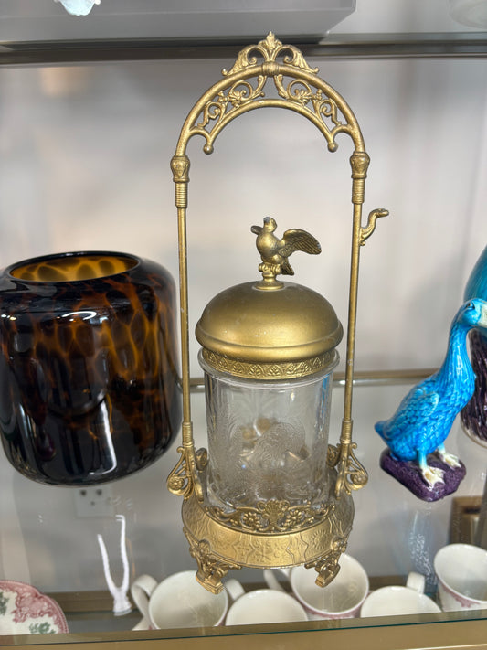 Stunning antique pickle jar in cast metal with bird details!