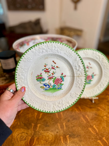 Pair of Antique Georgian Spode Porcelain Plates with Staple Repair – Pattern No. 216, Indian Tree / “Willis” Style, Circa 1790–1815