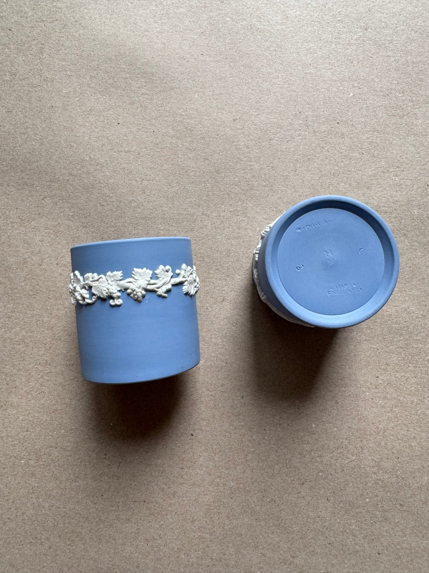 Light blue pair of Wedgewood ornate match holders 2.25”