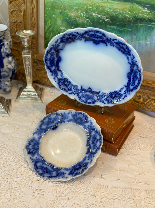 Antique pair of blue and white grindley china pieces - AS IS