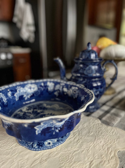 Rare Early 19th C Staffordshire Historical Blue Transferware Footed Bowl - Fruit And Flowers Border Attributed to John Hall
