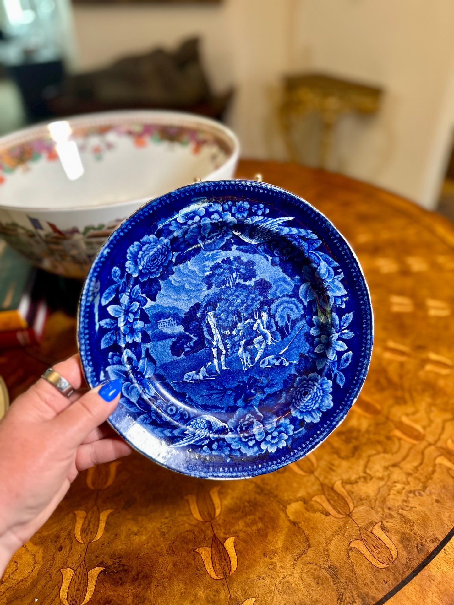 Antique Flow Blue Staffordshire Hunt Scene Plate English Transferware, Early 19th Century (circa 1820–1830s)