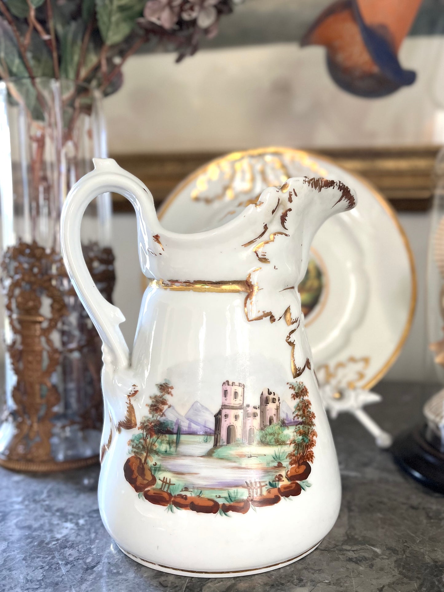 Gorgeous Paris Porcelain Pitcher/Milk Jug Hand Painted Landscape