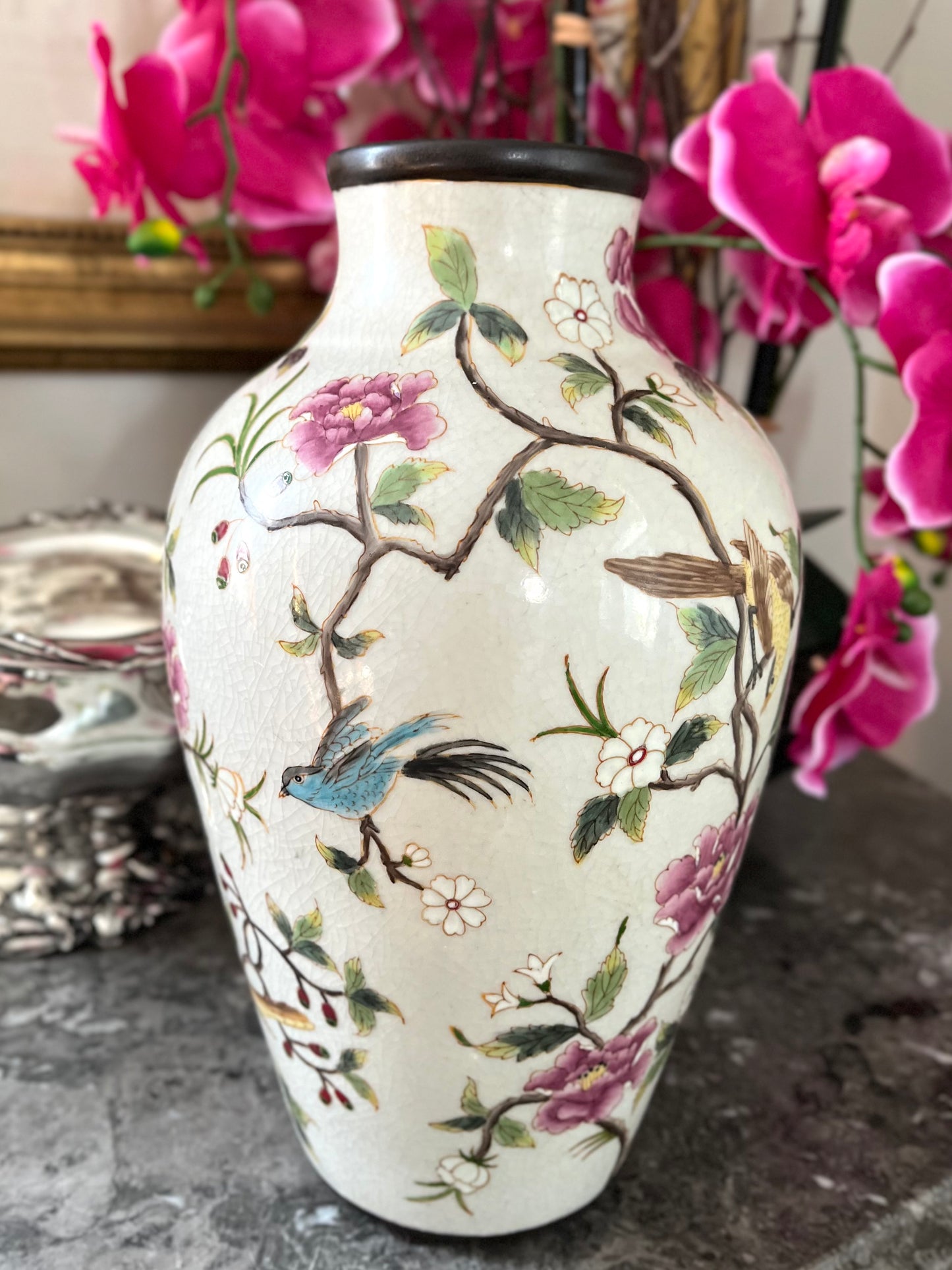 Gorgeous Large Antique Chinese Famille Rose Enamel Vase with Birds & Blossoms, Rolled Brown Rim