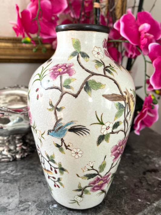 Gorgeous Large Antique Chinese Famille Rose Enamel Vase with Birds & Blossoms, Rolled Brown Rim