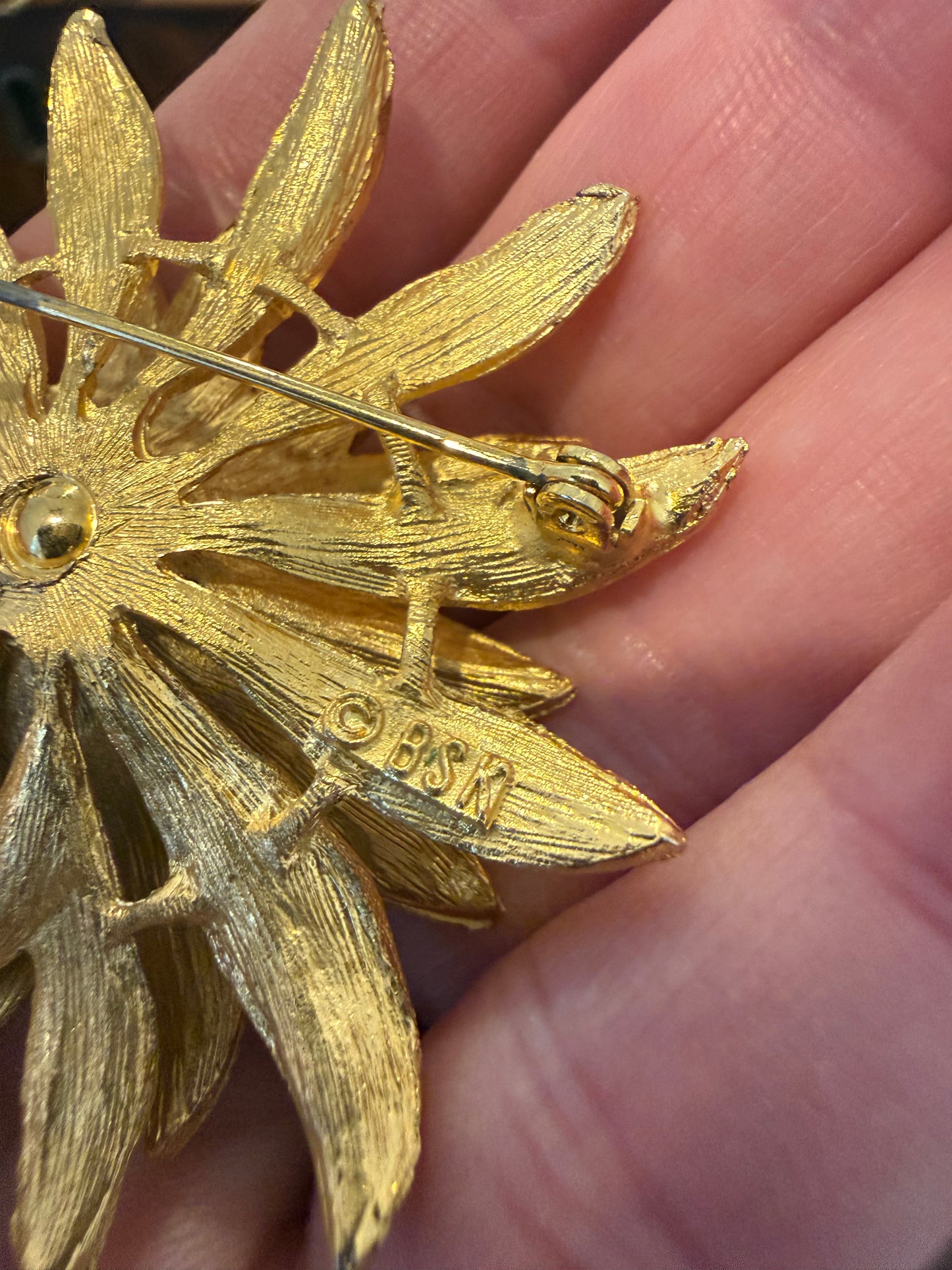 Vintage Signed BSK Brushed Gold Tone Flower Brooch & Clip Earring Set