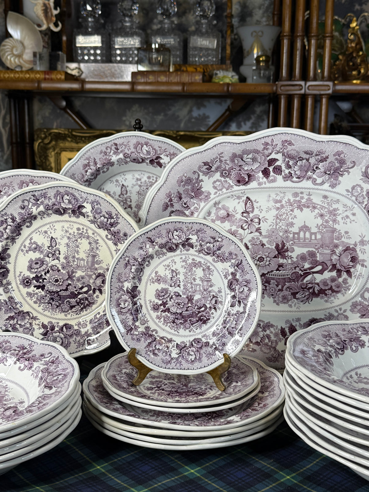 39 Pieces, Circa 1840 | Antique English Staffordshire “Canton Garden”Lavender/ Mulberry Transferware Dinner Service