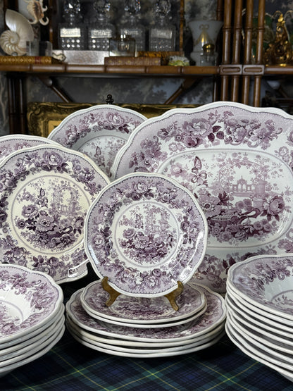 39 Pieces, Circa 1840 | Antique English Staffordshire “Canton Garden”Lavender/ Mulberry Transferware Dinner Service