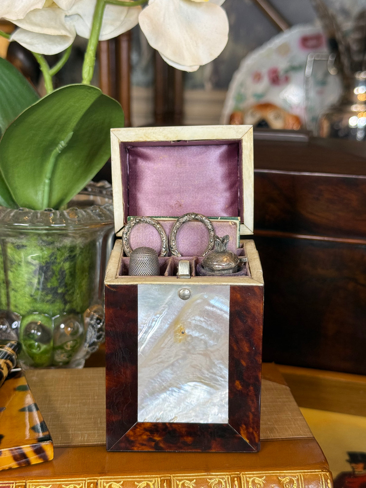 Antique Victorian Tshell & Mother-of-Pearl Sewing Etui | Complete Fitted Sewing Box | Lavender Satin Interior | Jackson-Mitchell Provenance | 4”
