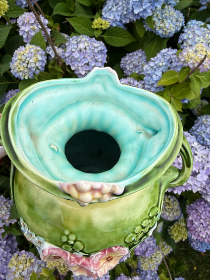 Live 6/22 Reserved SB - Stunning Majolica 10.5” Vase Turquoise Interior