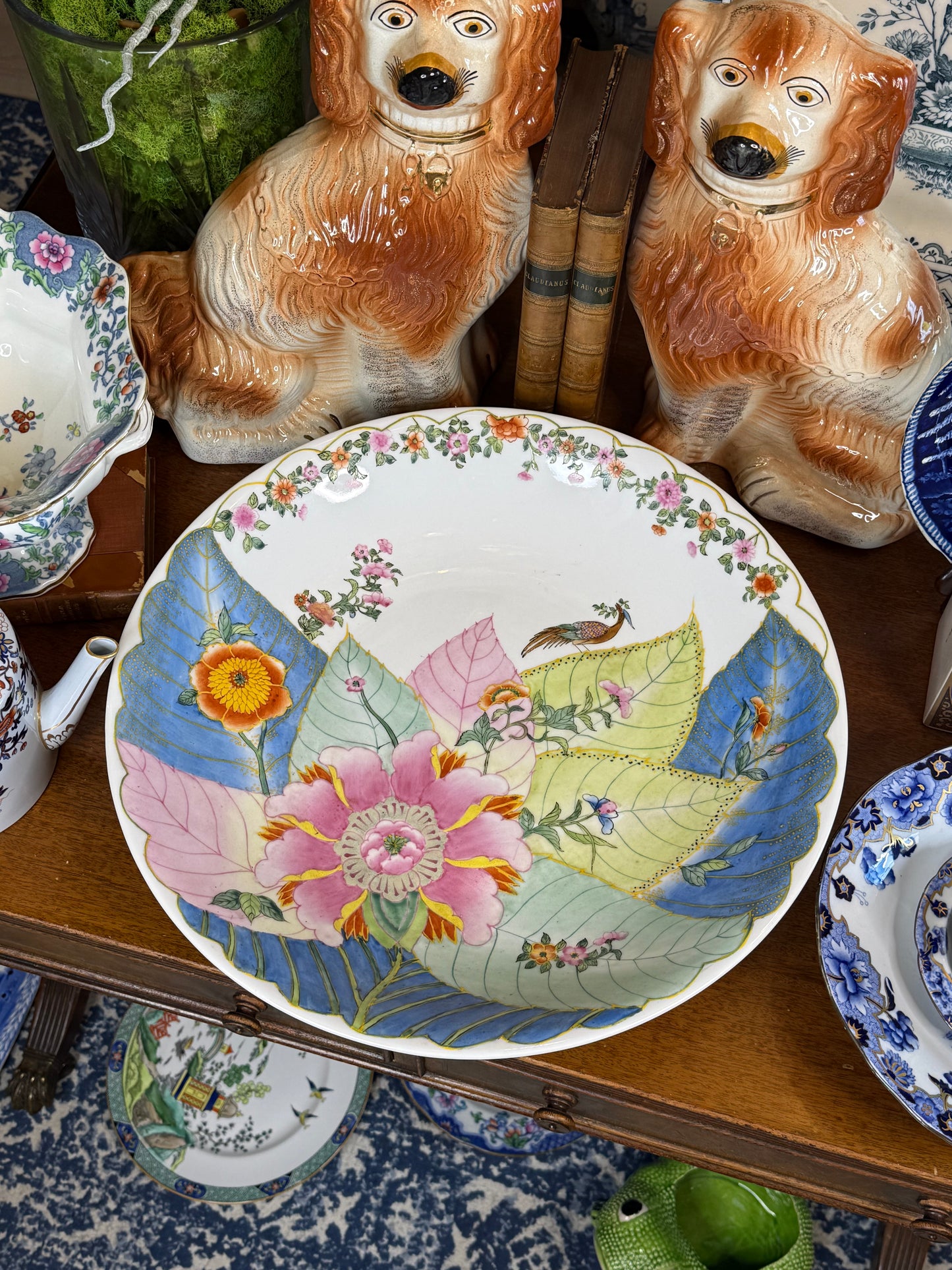 Vintage Chinese Tobacco Leaf Porcelain Charger | Famille Rose Bird & Floral Design | 16.5”