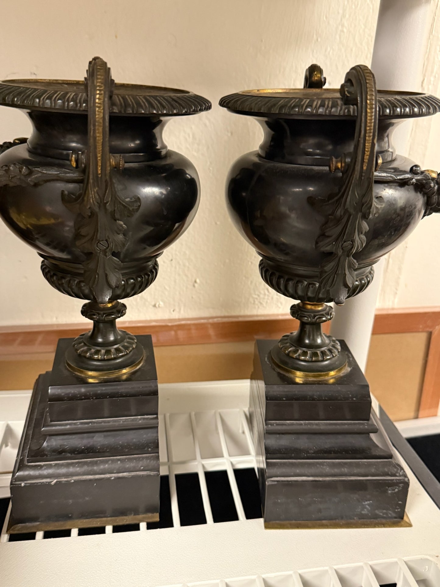 WCCR Charitable Item #133 | Pair of Neoclassical Style Patinated Bronze Urns on Marble Plinths | 12” x 9”