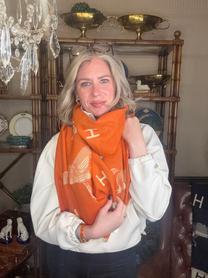 Luxe Large Equestrian Orange & Cream Reversible “H” Stable Scarf/ Wrap