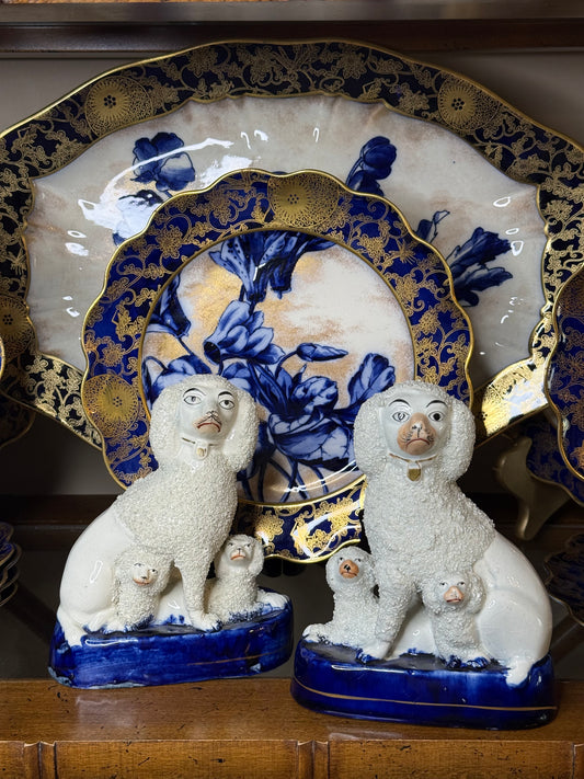 Antique Pair, 7” Tall Staffordshire Confetti Poodle & Puppy Figures | Pair | Style DA4348