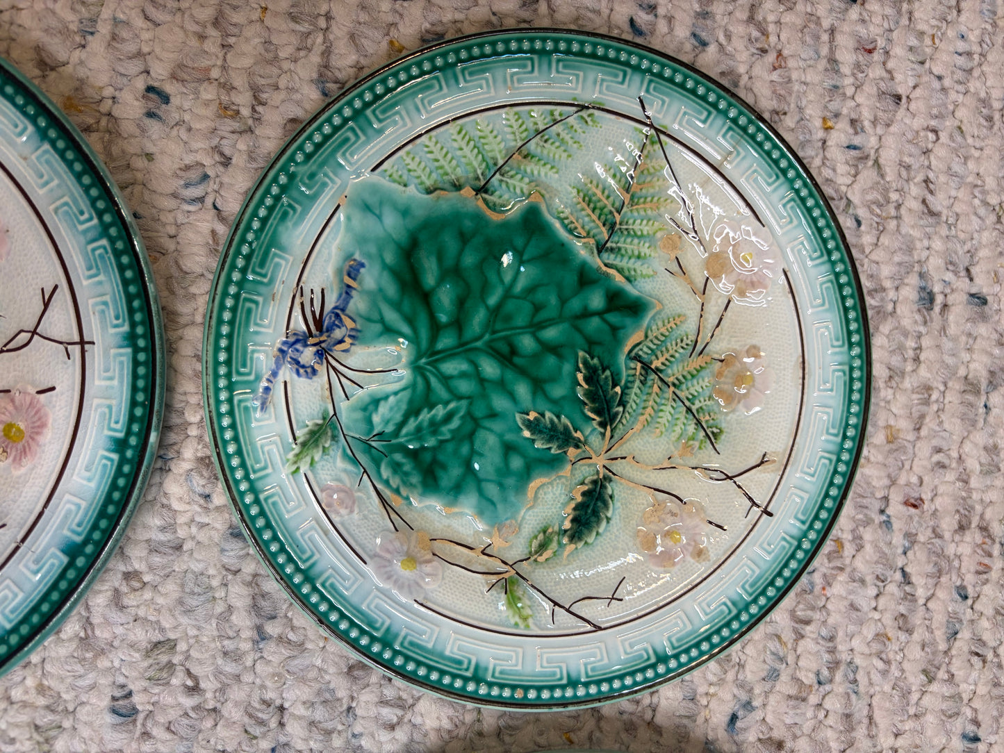 Antique majolica leaf plates with Greek key border- Set of 4! As is!