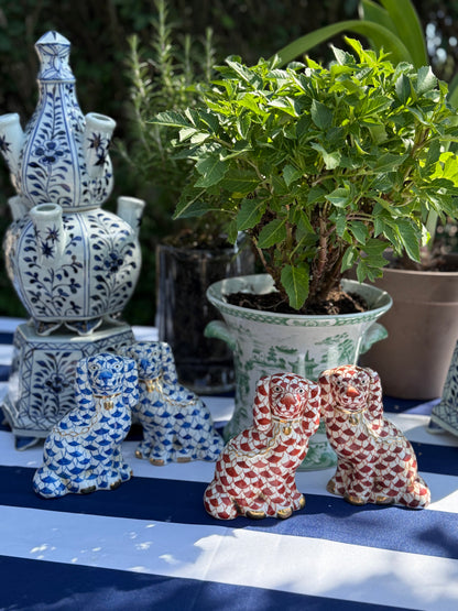 Danny’s Fine Porcelain Fishnet Blue & Rust Spaniel Dog Figure Pair W/ Gold Accent (2 colors to choose) 5.5”H X 9Lx2W