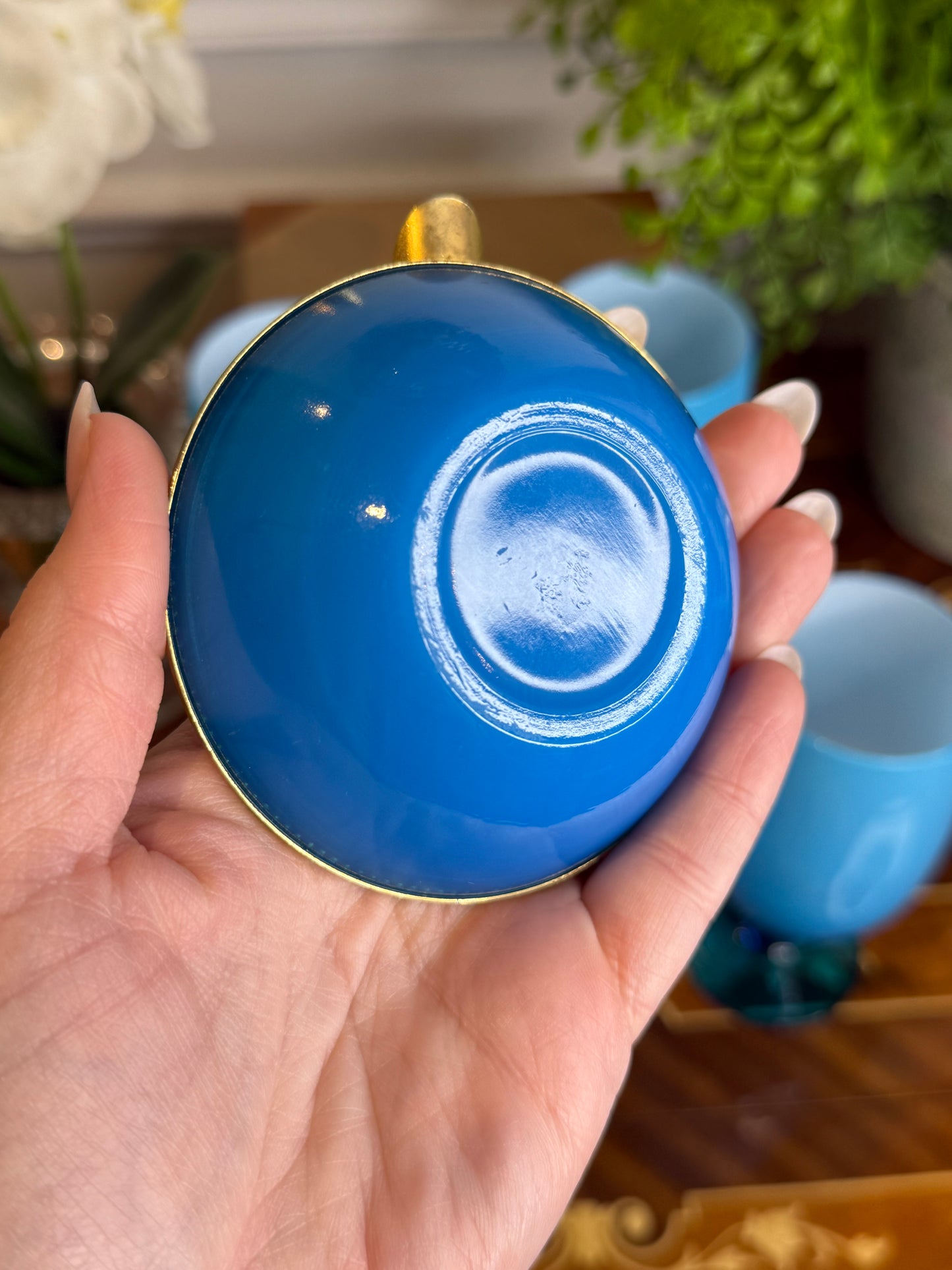 Vintage Blue Opaline Glass Ashtray with Brass Gallery Rim | 3.5”