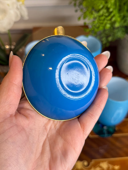 Vintage Blue Opaline Glass Ashtray with Brass Gallery Rim | 3.5”