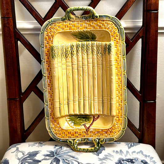 Impressive size hand painted Asparagus basket weave platter stamped made in Italy.