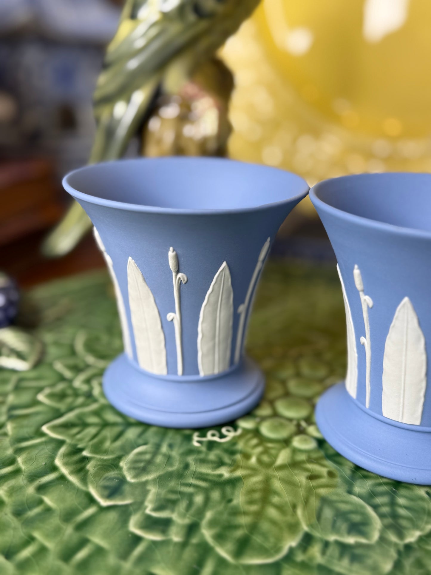 Live 6/5 - wedgwood pair, post vases, leaves in LILAC BLUE