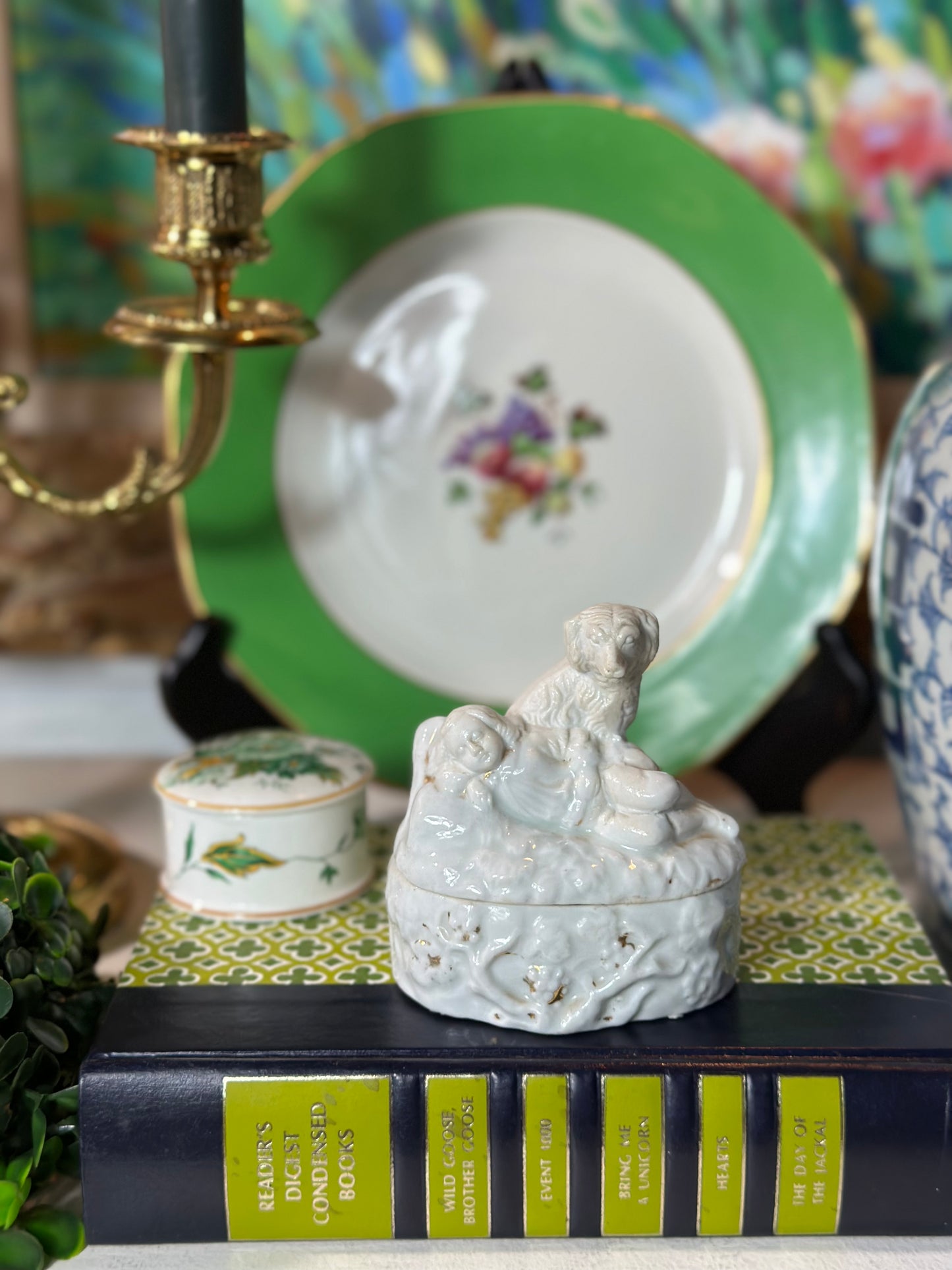 Antique Spaniel Porcelain Trinket Box, 3.5” - Excellent!