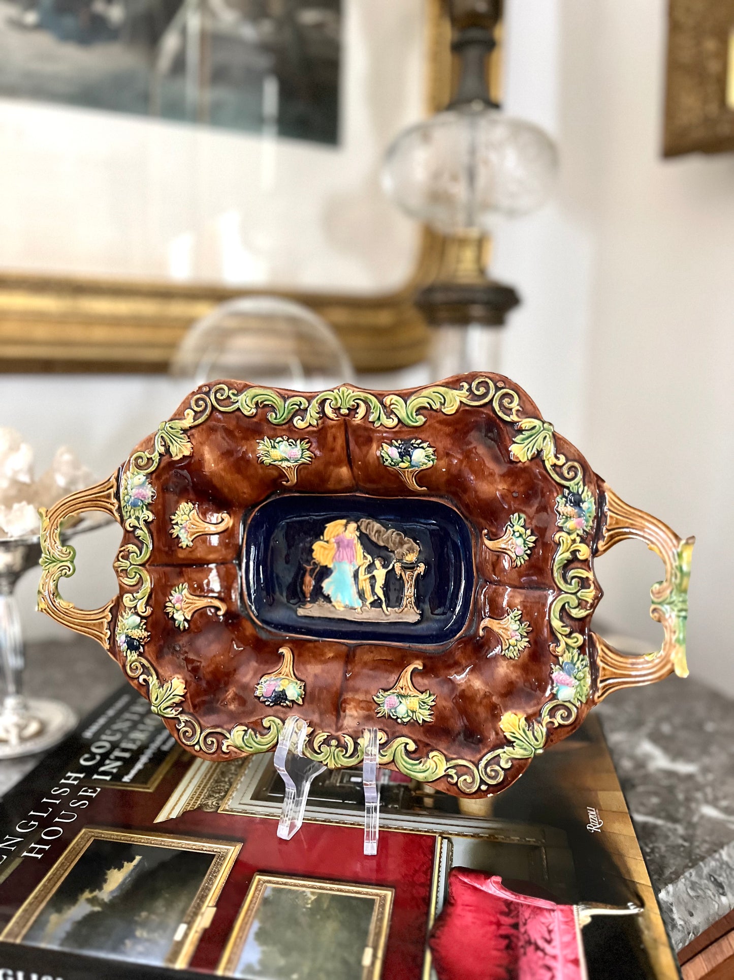 Live 08/18 A Romantic Antique Wilhelm Schiller & Son Majolica Figural Handled Tray, c.1880–1905