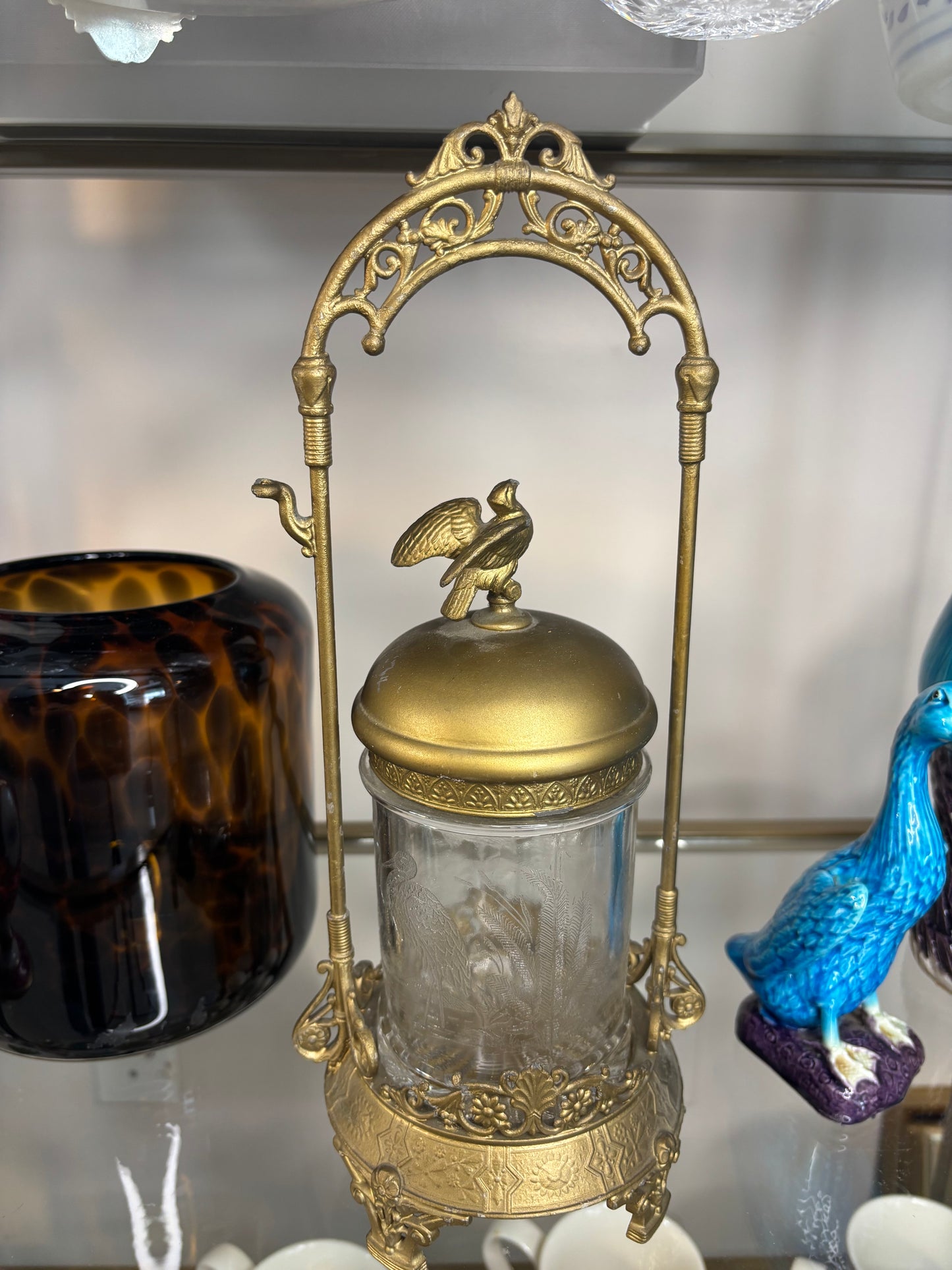 Stunning antique pickle jar in cast metal with bird details!