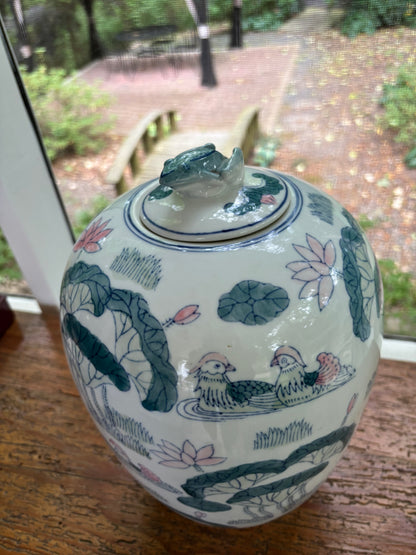 Sweetest 13” lidded ginger jar featuring pastels and a frog finial!