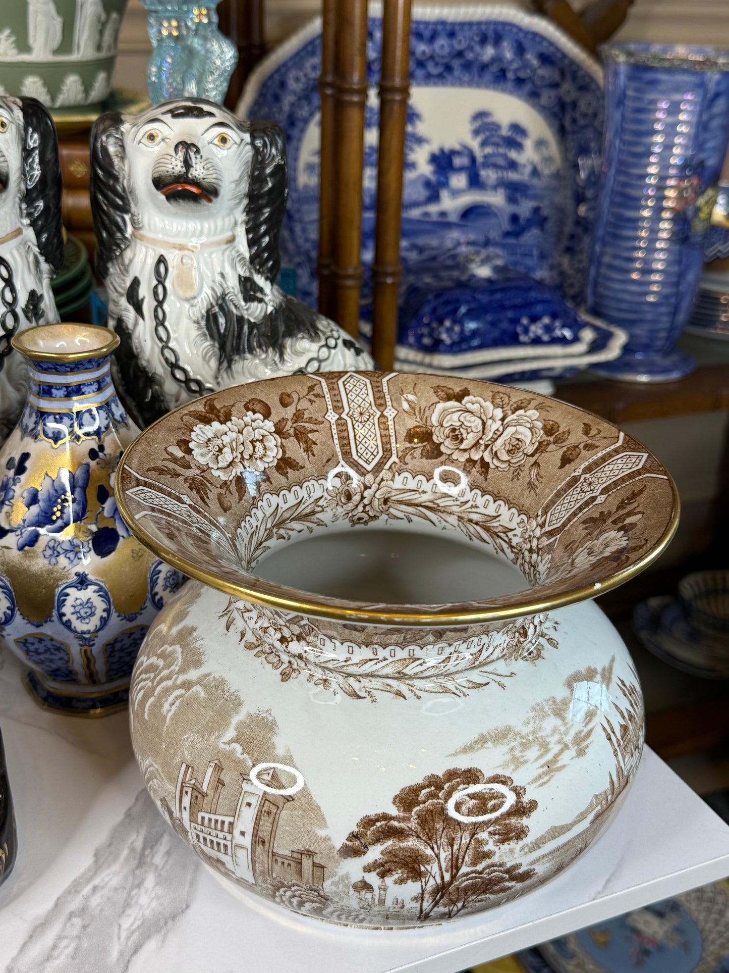 Pair of Antique Cauldon Brown & White Spittoons | Circa 1900 | 5.5"H x 7.5"D Each | Style DA4343