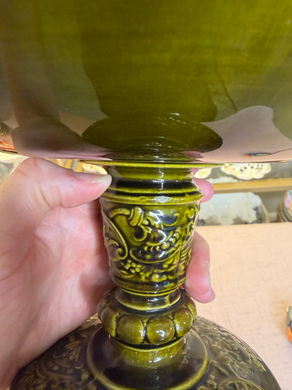 Gorgeous majolica compote featuring a girl and dogs!