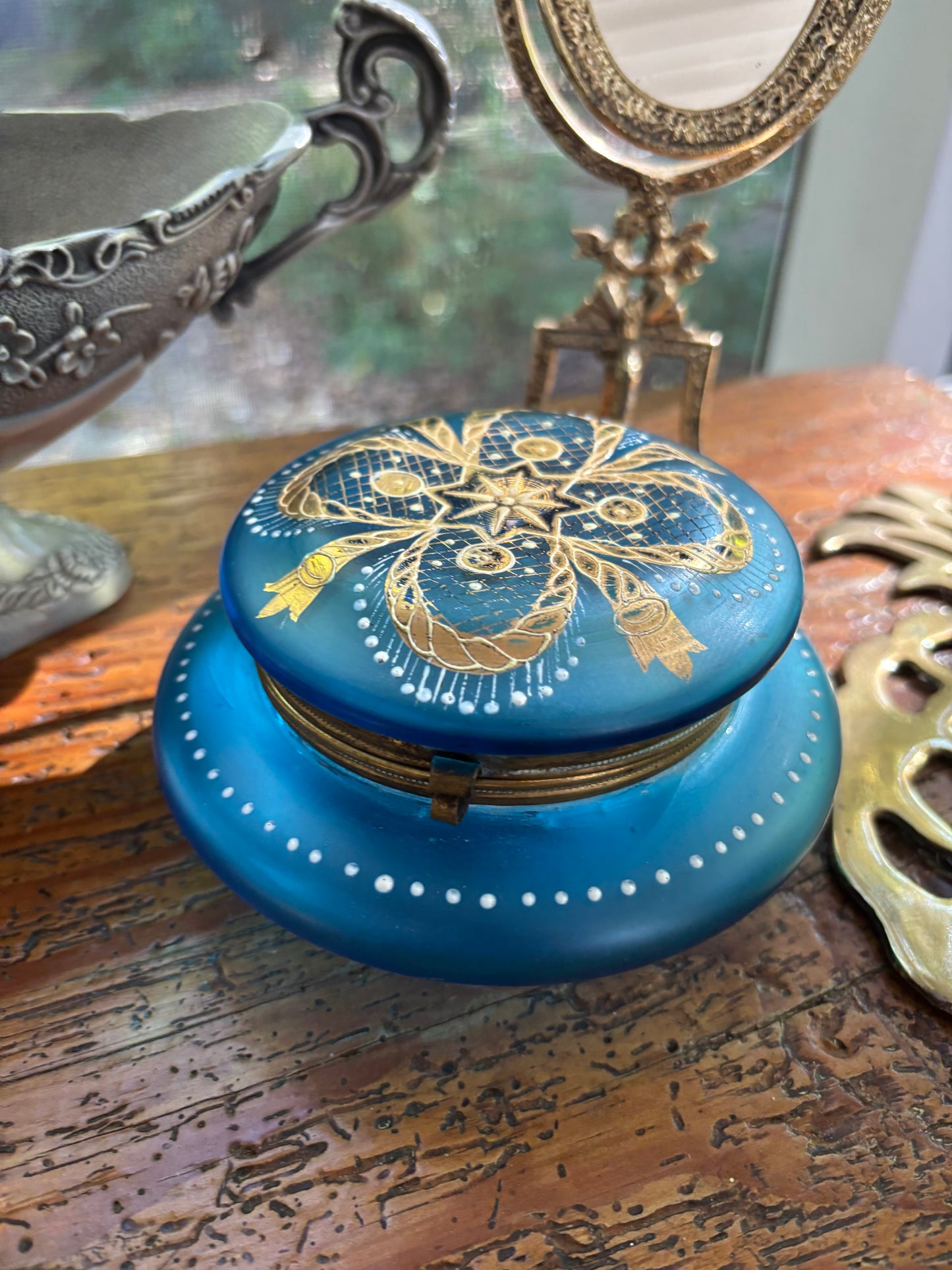 Gorgeous older blue and gold dresser box with handpainted details!