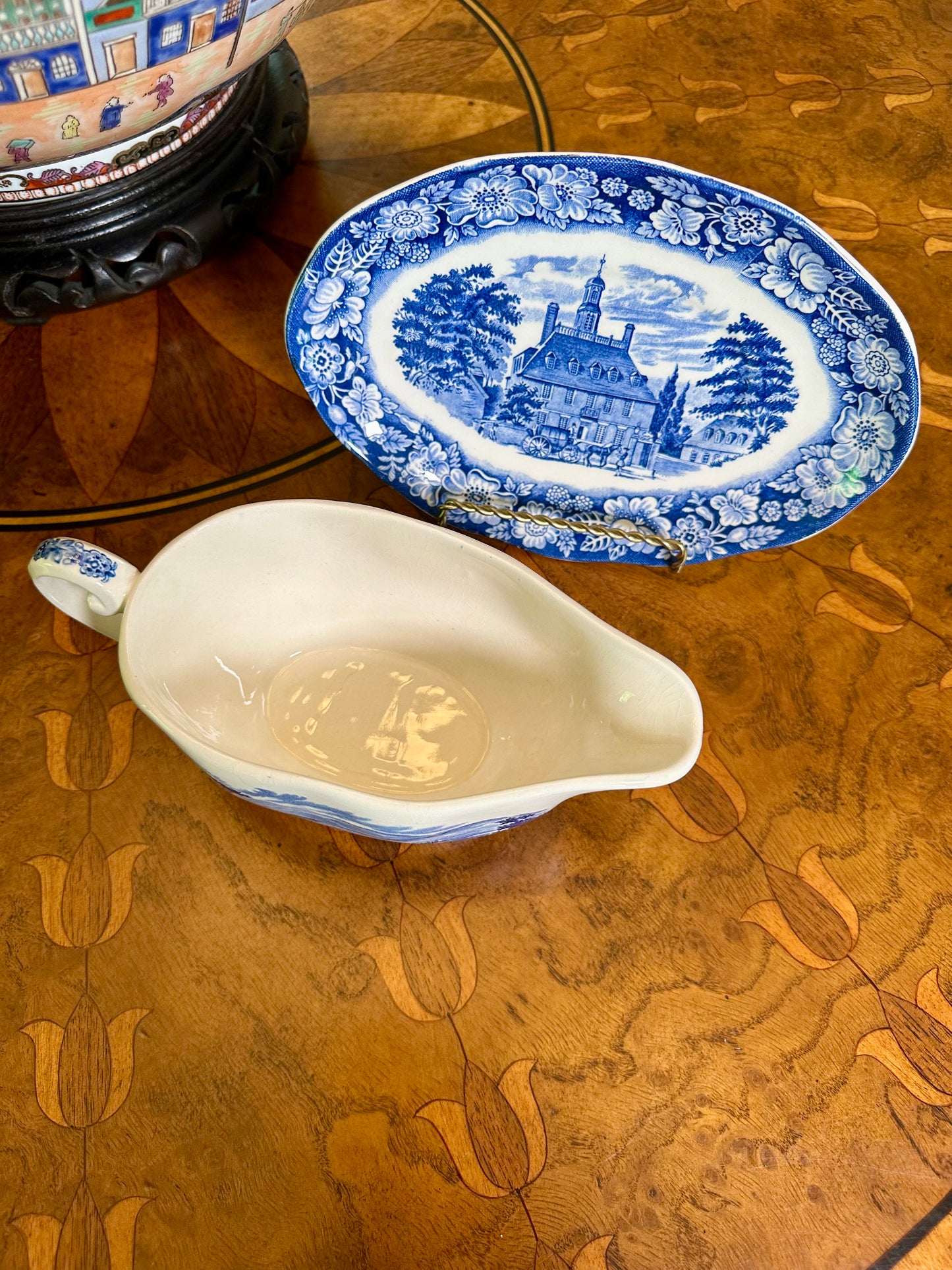 Vintage Liberty Blue Gravy Boat with Underplate | Enoch Wedgwood | Bicentennial Transferware