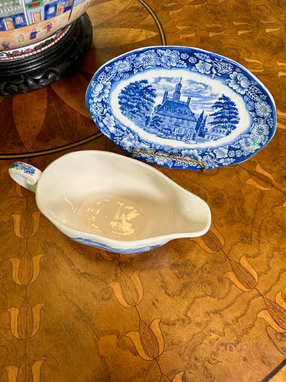Vintage Liberty Blue Gravy Boat with Underplate | Enoch Wedgwood | Bicentennial Transferware