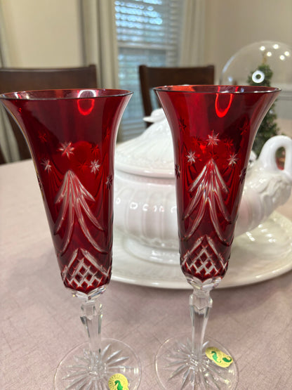 Stunning Waterford Crystal Red Champagne Flutes pair!