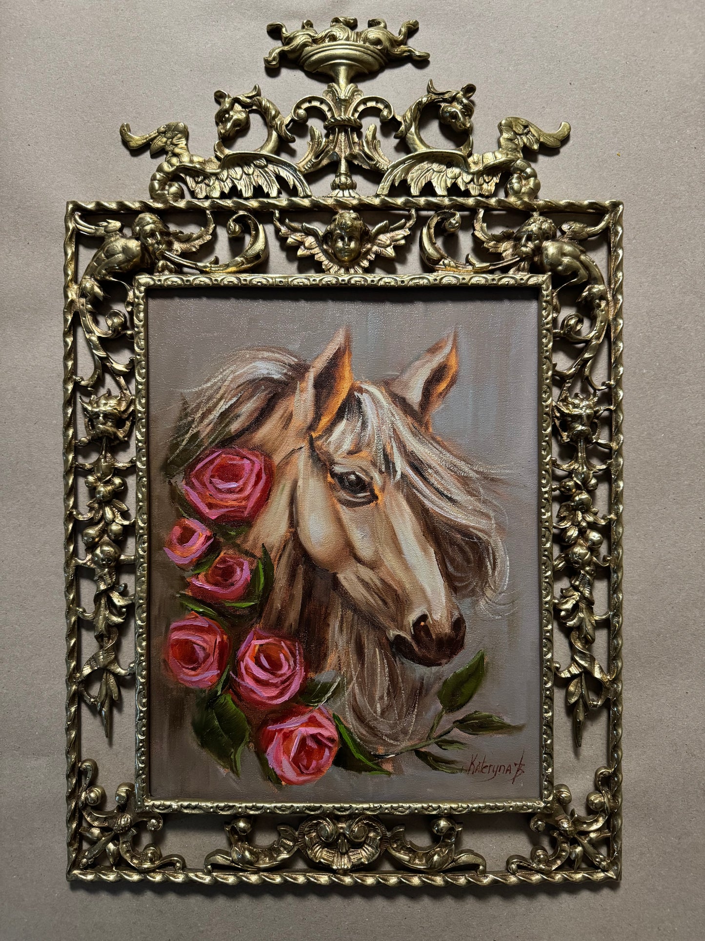 Horse painting in antique frame
