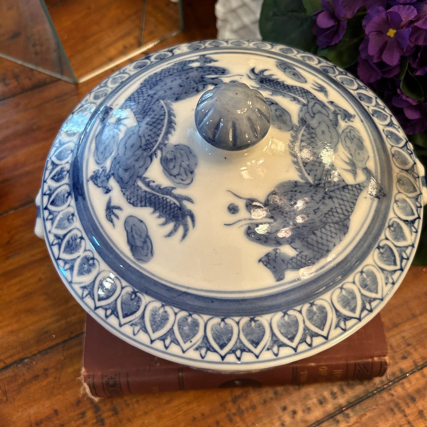 Vintage blue and white dragon chinoiserie lidded dish