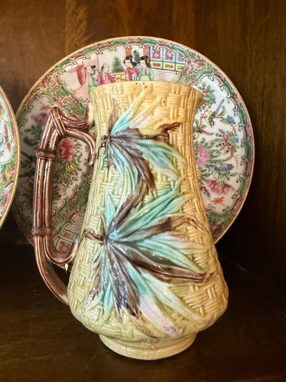 Antique English Majolica 6.5” Basketweave & Bamboo Pitcher by Banks & Thorley