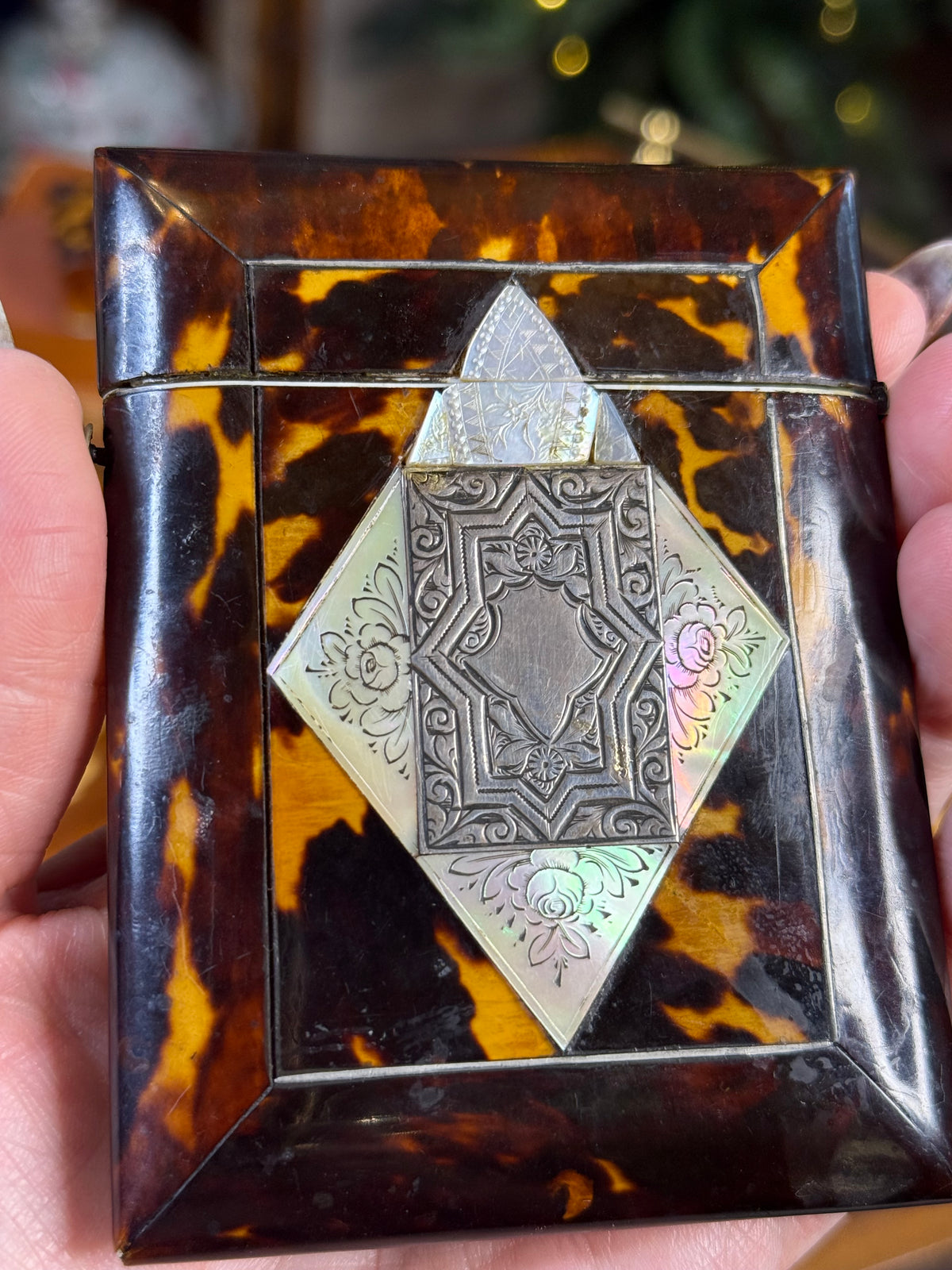 Antique Tortoiseshell Calling Card Case | Mother-of-Pearl & Sterling Silver Cartouche | 4”