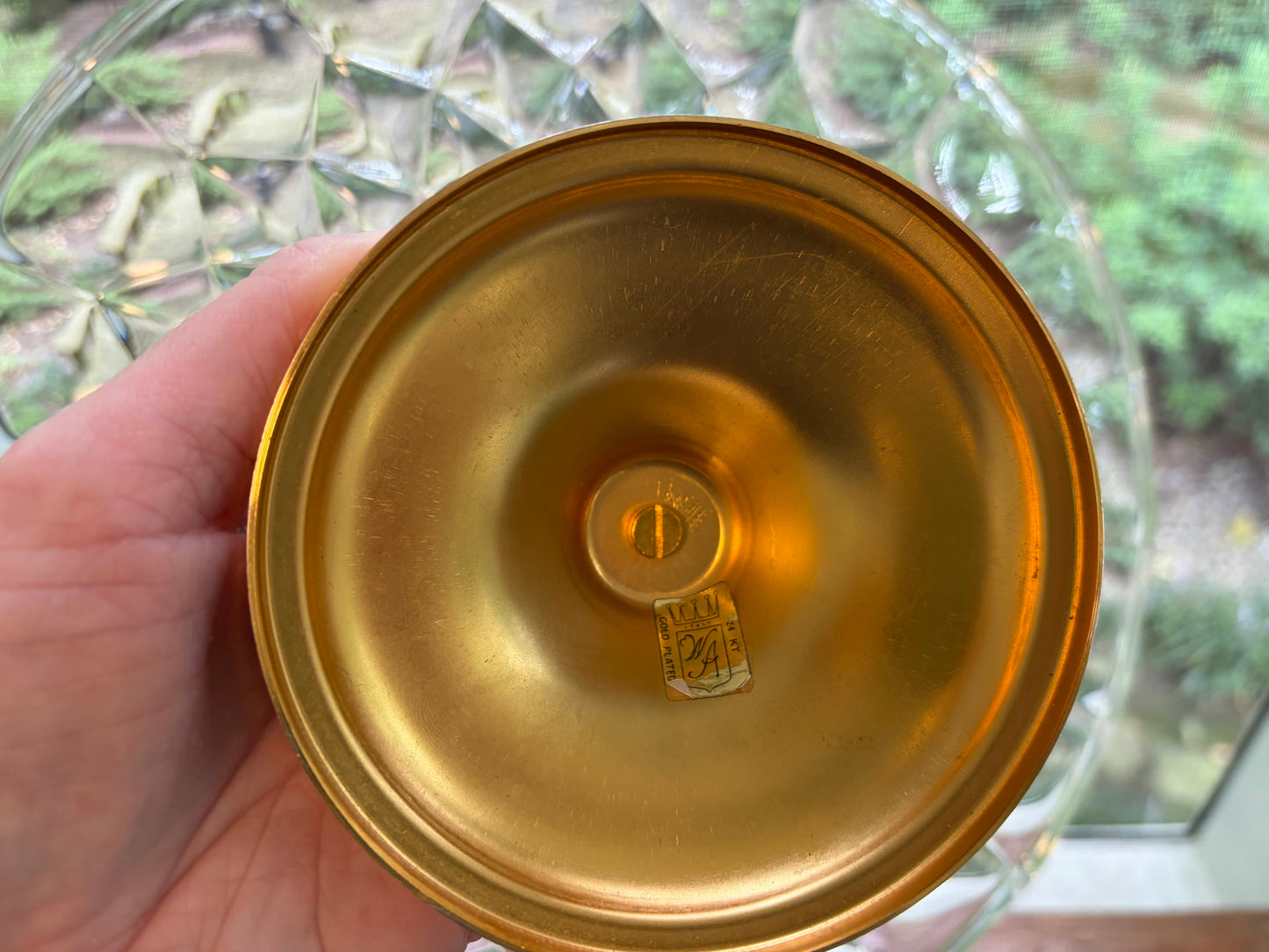 Stunning Val St. Lambert pedestal cake platter with gold plated base and floral detail!