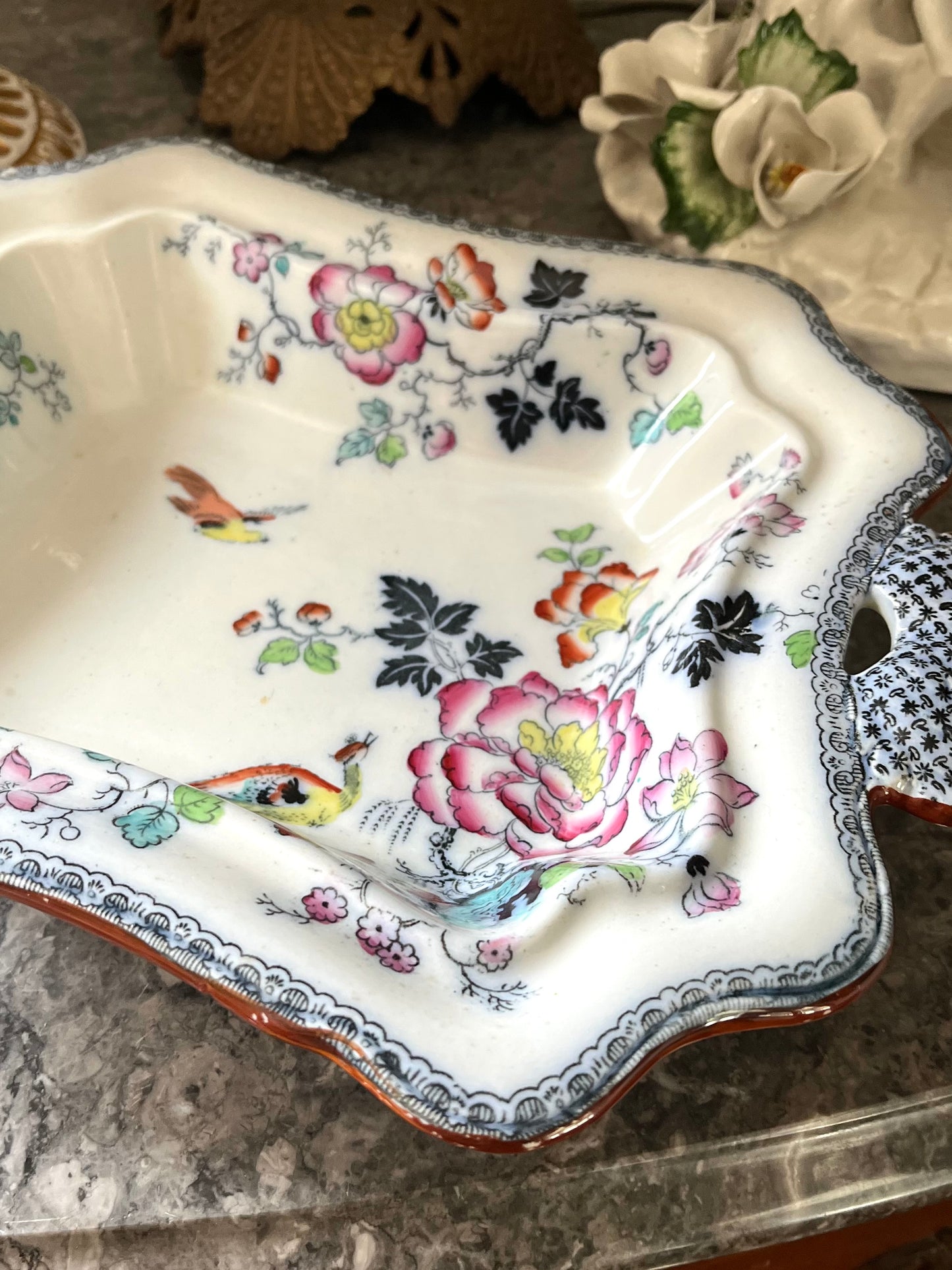 Live 07/28 Stunning Early Ashworth Bros Lidded Vegetable Dish - Footed With Florals/Birds/Contrasting Handles And Trim - Original Ribbon Mark 1860’s