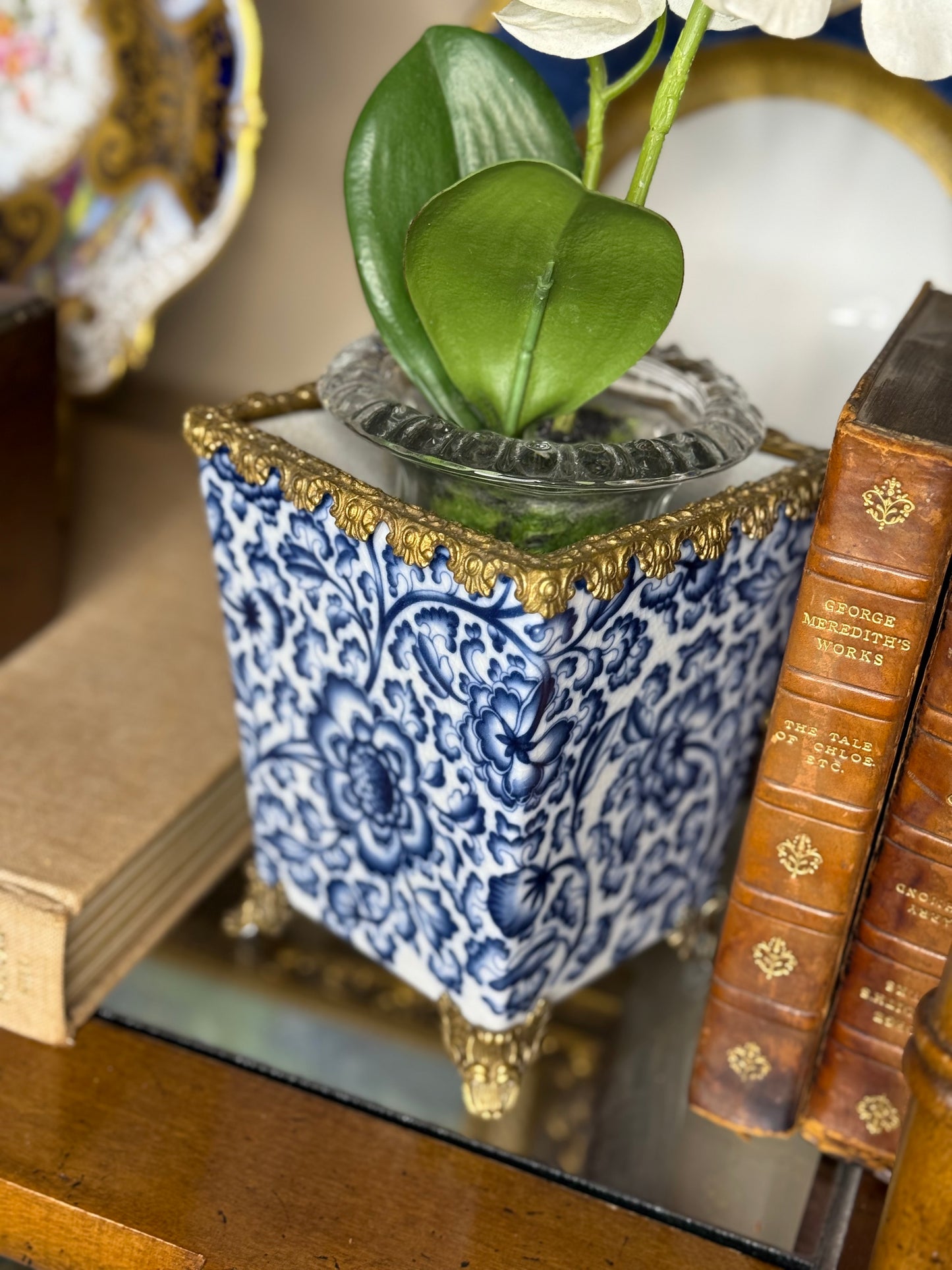 Danny’s Fine Porcelain: Blue & White Floral Square Porcelain Cachepot with Bronze Ormolu Trim & Feet: 5” L x 5” W x 6.5” H