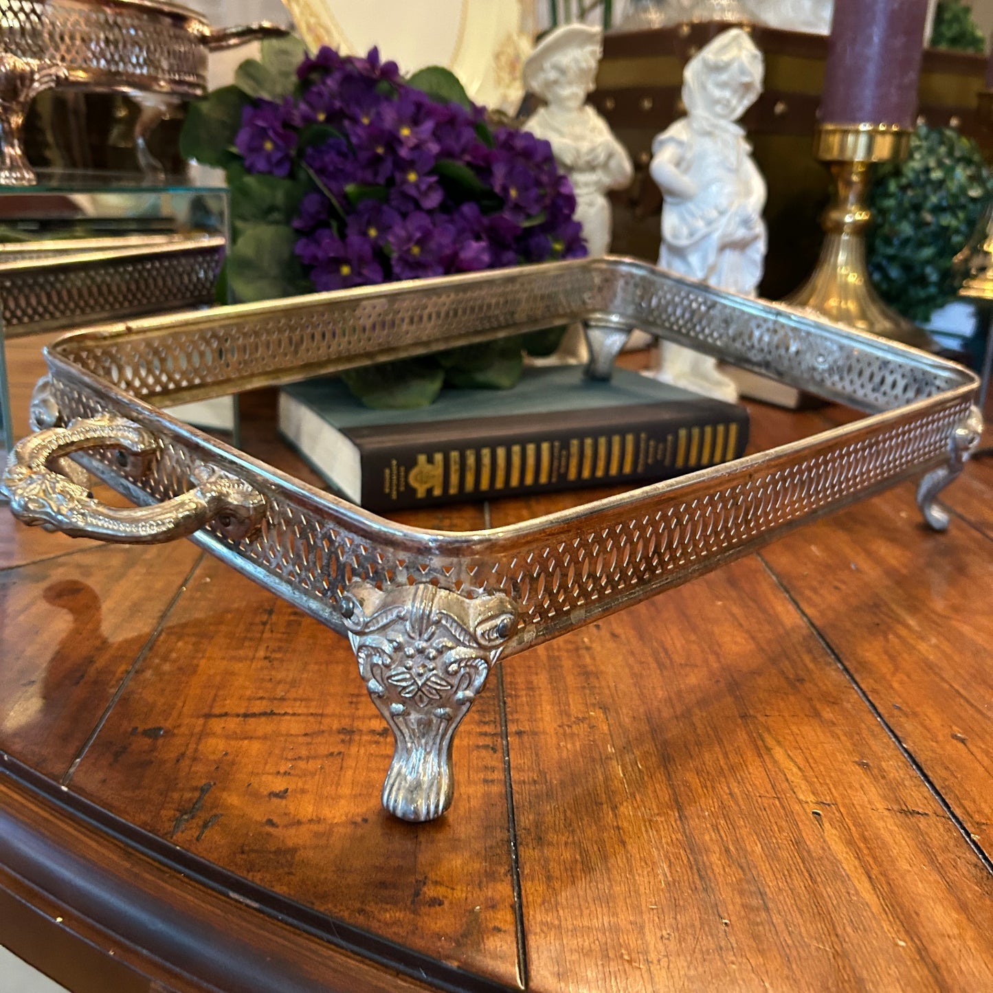 vintage silver plate Lidded casserole chafing dish holder tripod chippendale claw feet 18 x 10