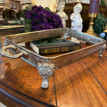 vintage silver plate Lidded casserole chafing dish holder tripod chippendale claw feet 18 x 10