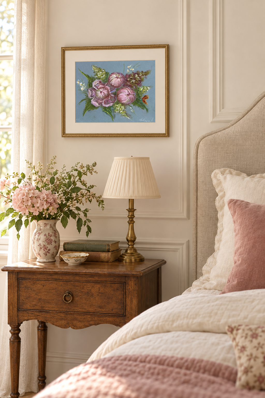 Pink Hydrangea pink peony Soft Pastel Drawing Original Floral Art 9x12”
