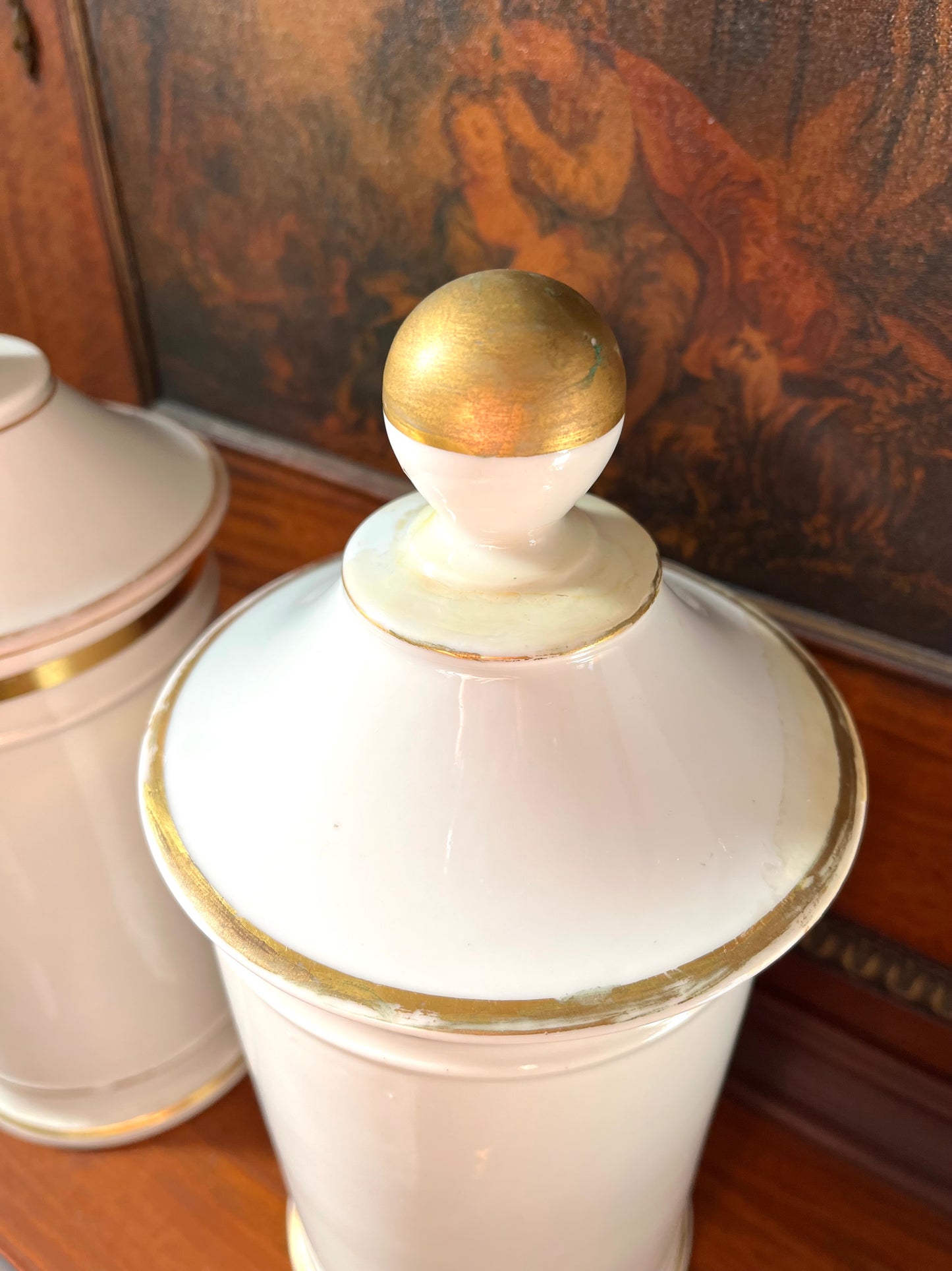 Pair of Antique French Porcelain Apothecary Jars with Portrait Medallions