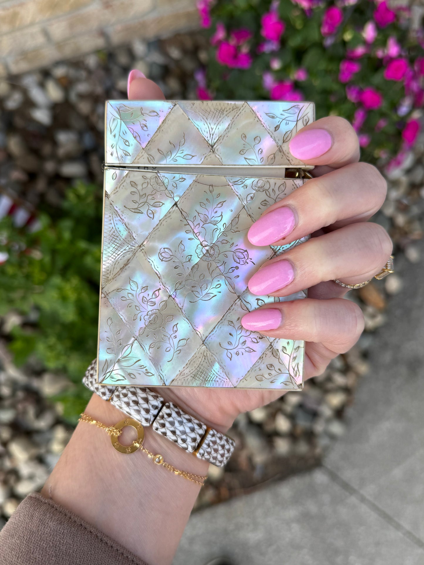 Style B | Antique Mother-of-Pearl Calling Card Case with Bird & Floral Carving | 4" x 3" |