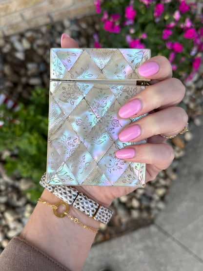 Style B | Antique Mother-of-Pearl Calling Card Case with Bird & Floral Carving | 4" x 3" |