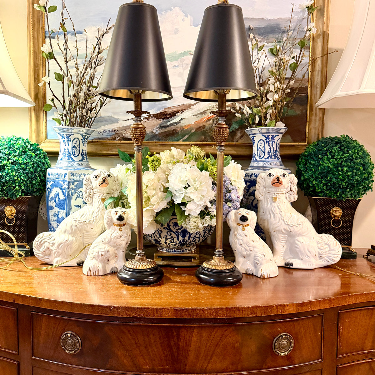 Stunning Statuesque pair of vintage gold gild & Ebony Buffet lamps 31 in w shades