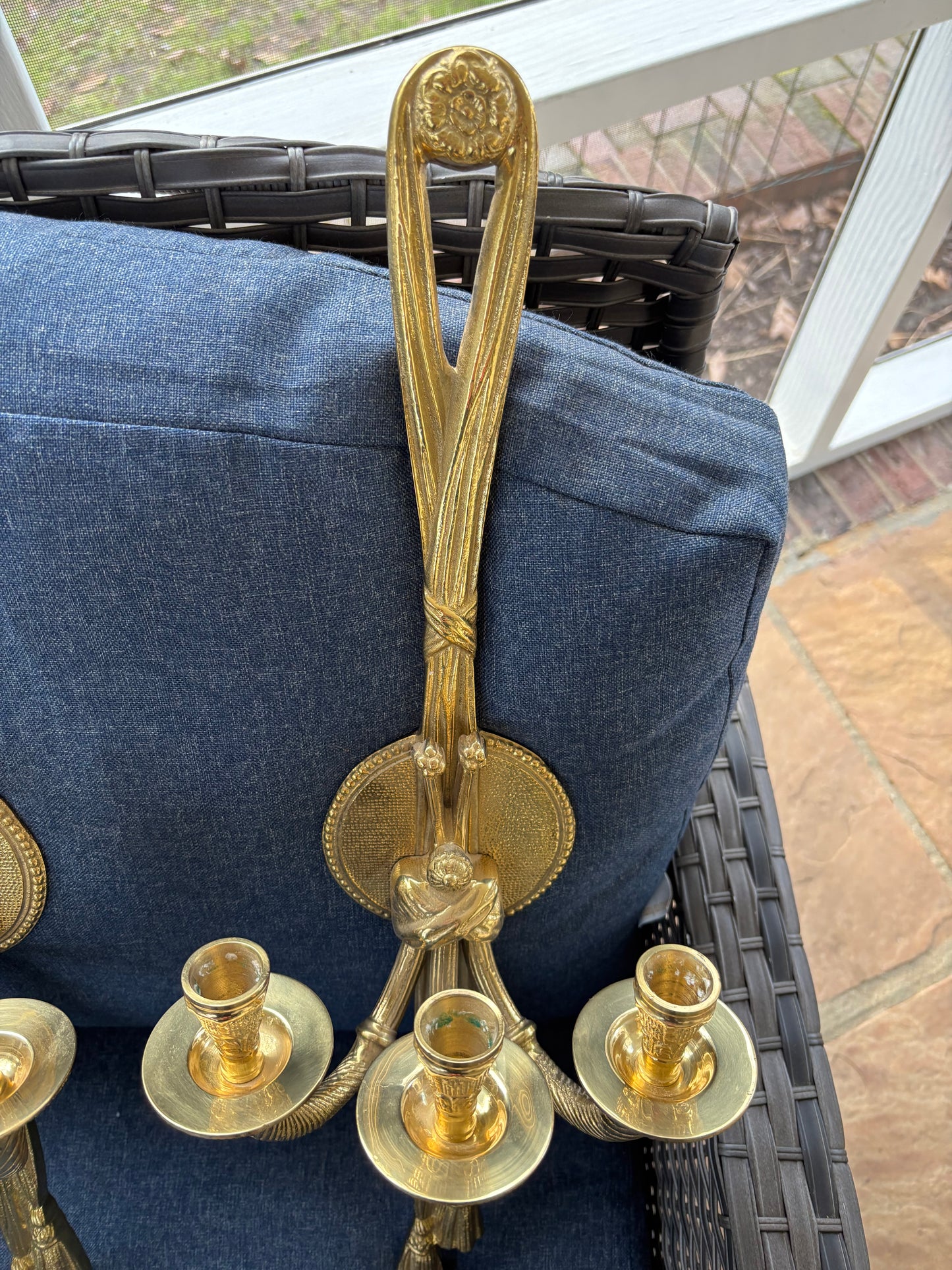 Gorgeous brass wall 25” candleholder sconces with floral and tassel details pair!