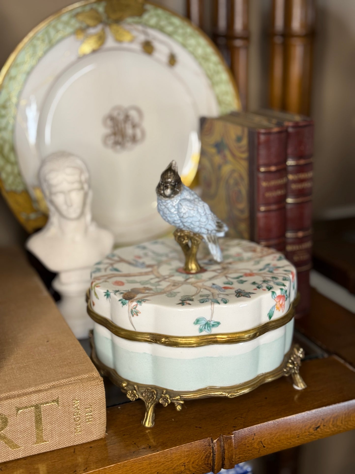 Danny’s Fine Porcelain | “Garden of Life” Porcelain Box with Bronze Ormolu & Bird Finial – 6”
